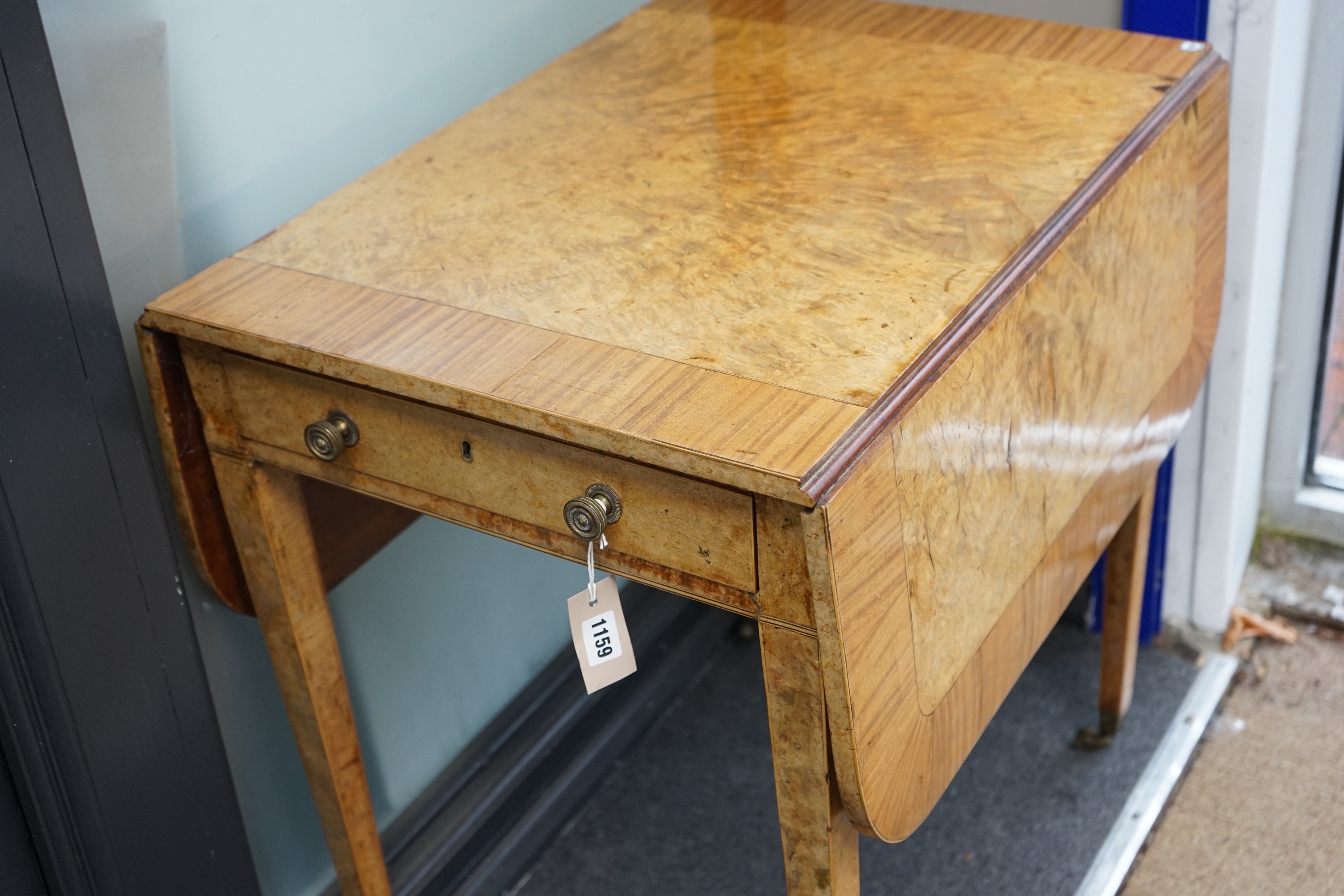 A George III burr elm and tulipwood banded mahogany Pembroke table with frieze drawer, width 105cm extended, depth 68cm, height 71cm